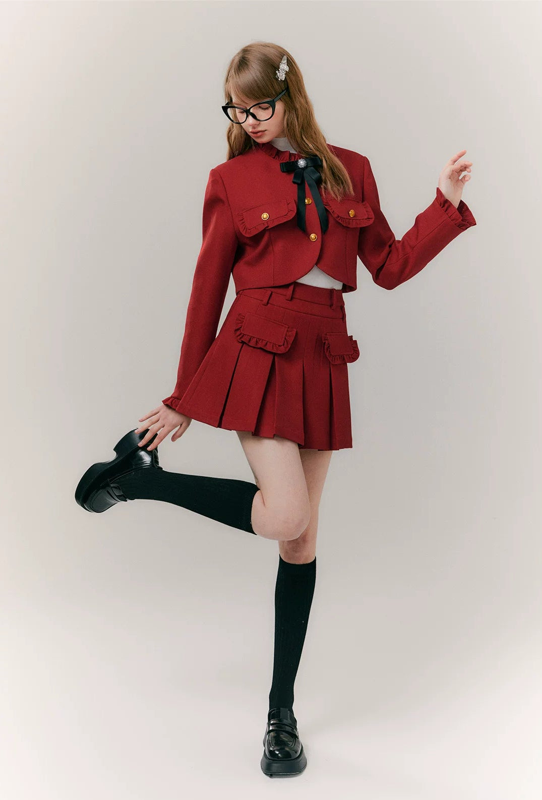 Red Bow-Knot Pleated Skirt & Blazer Jacket Setup