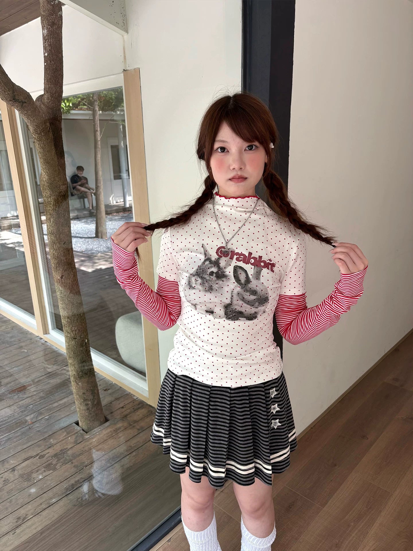 Rabbit Print Patchwork High-Neck Long Sleeve T-Shirt