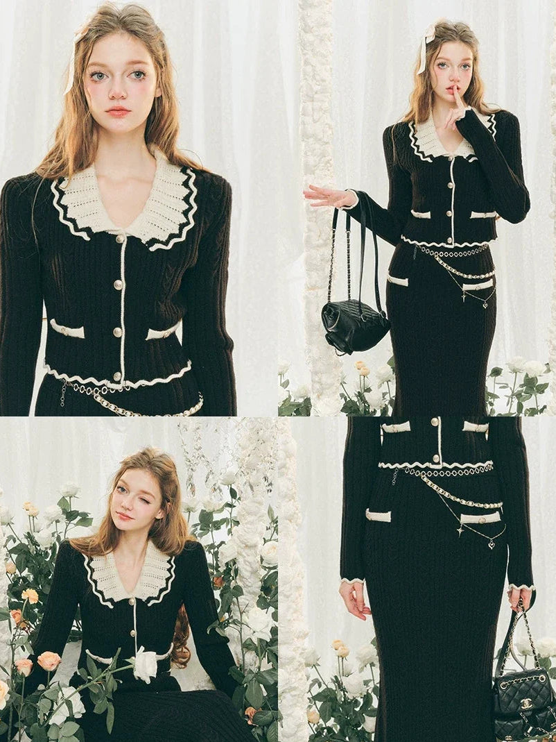 Ensemble cardigan en tricot à grand col et jupe moulante
