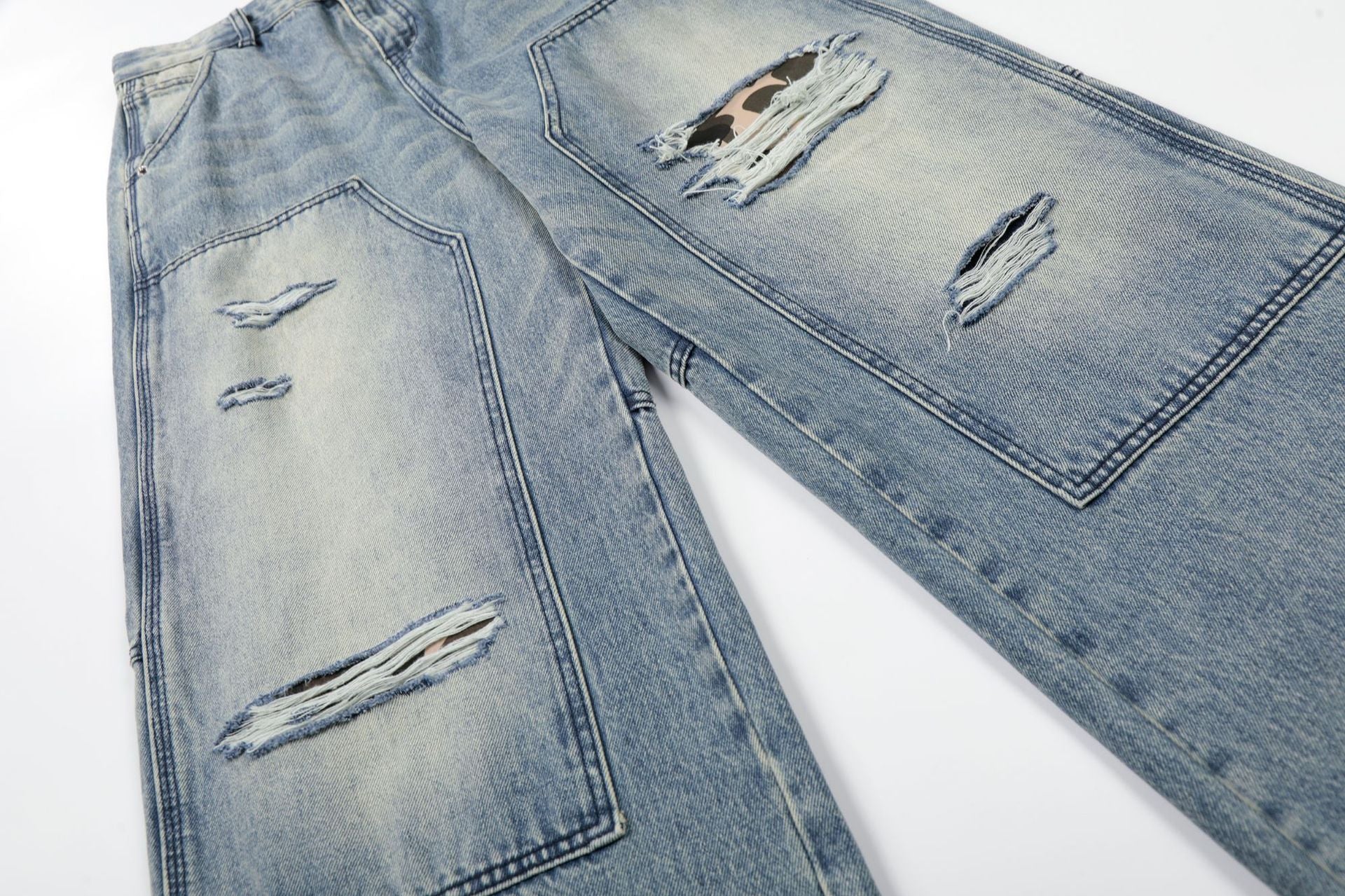 Washed Deconstruction Damage Wide Leg Denim Jeans