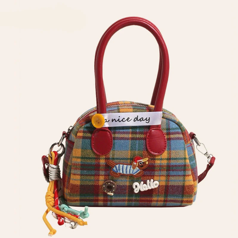 Kawaii Plaid Handbag with Plush Bear & Rainbow Patches - MADXMARX