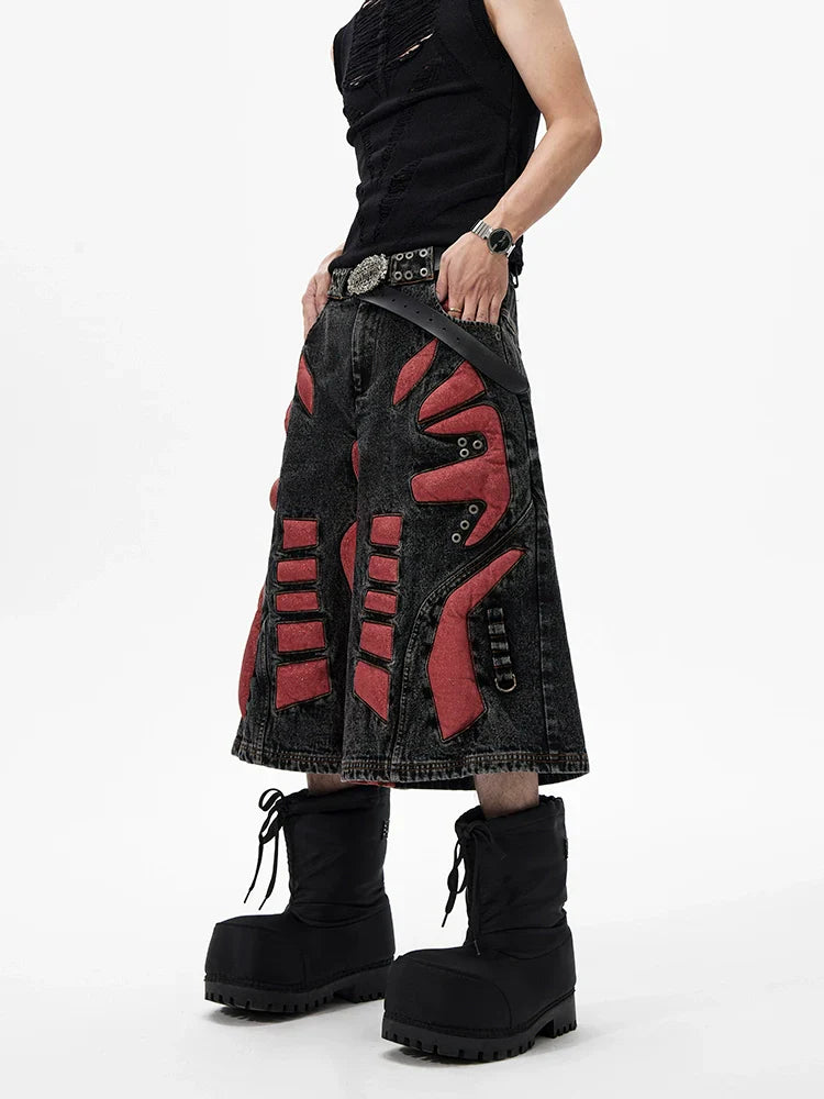 Graphic Patchwork Washed Short Sleeve Denim Jacket & Washed Denim Short Setup