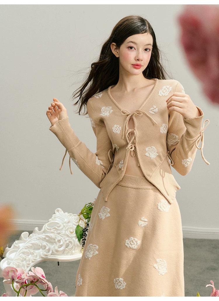 Rose Design Knit Cardigan & Knit Short Skirt Setup