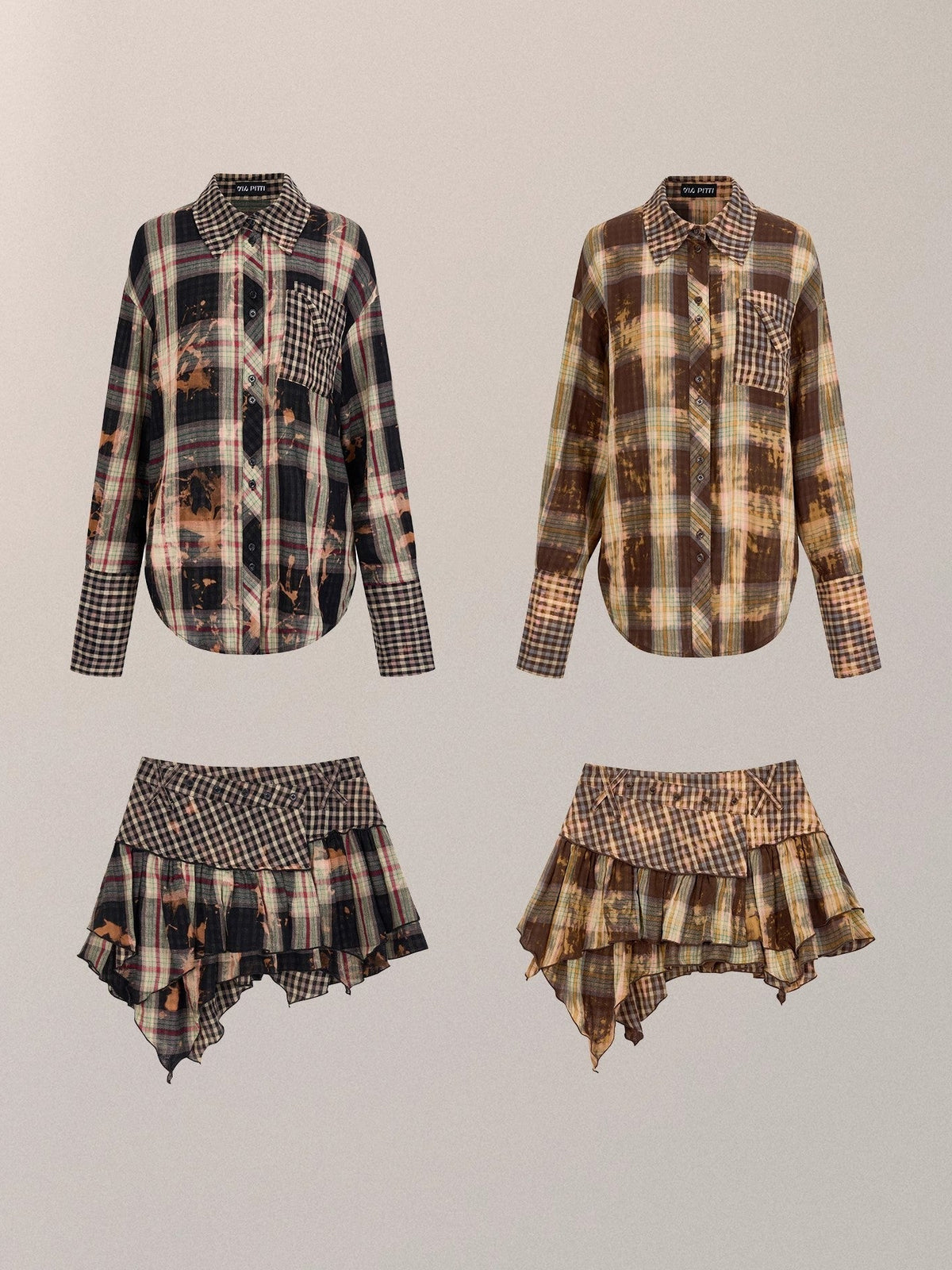 Oversize Plaid Long Sleeve Shirt & Short Skirt & Scarf Setup