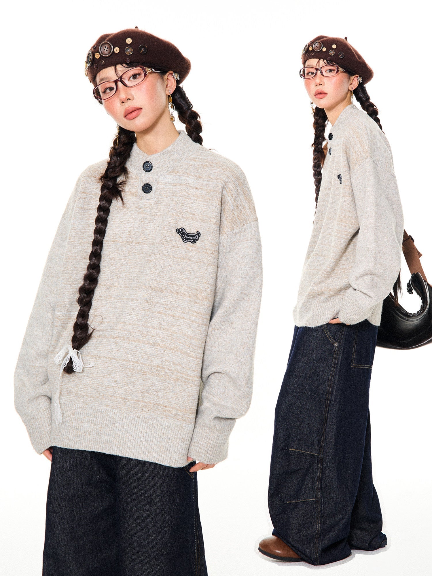 Button-Detail Stand Neck Knit Sweater