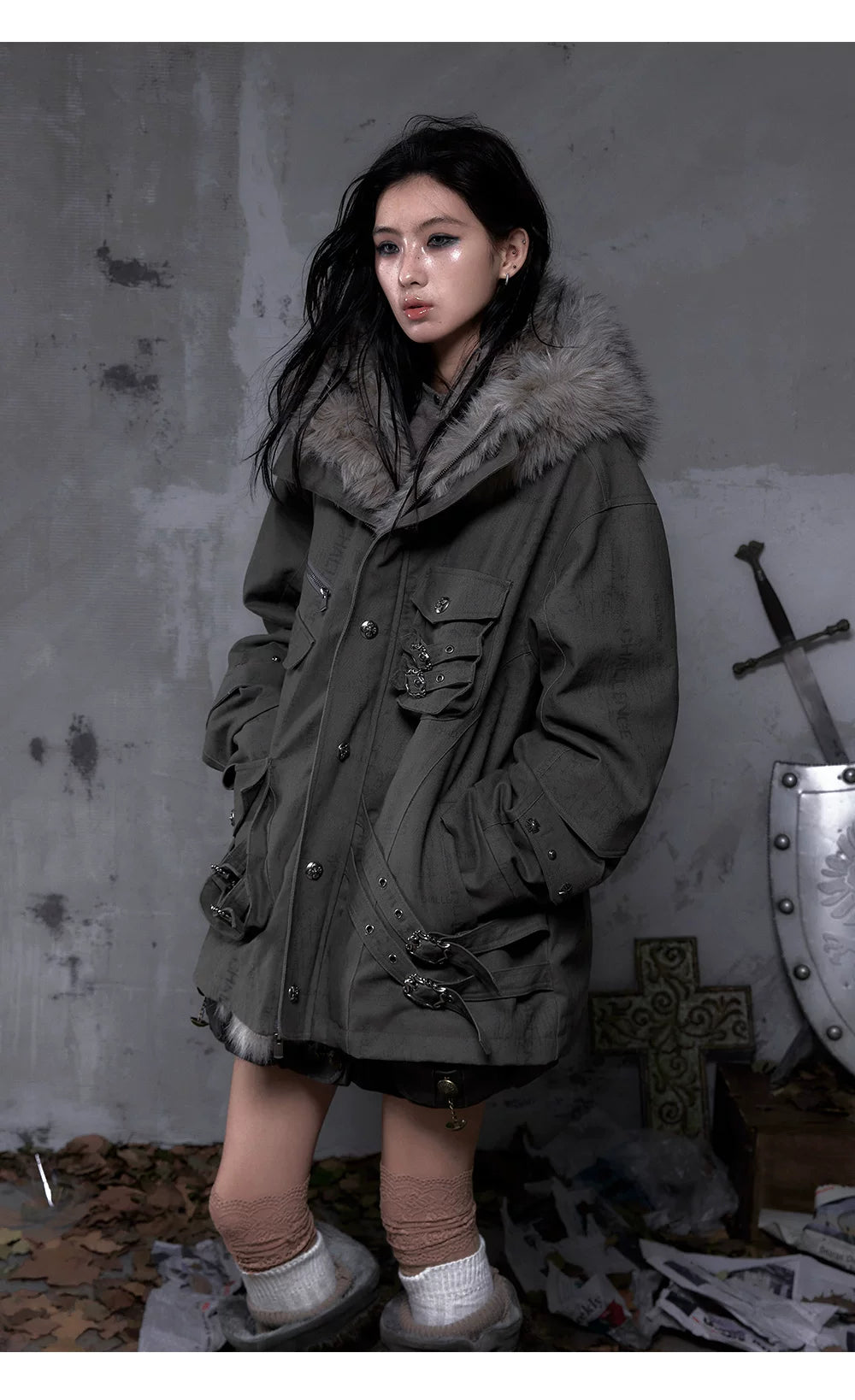 Fake Fur Hooded Multi-Pocket Buckle Detail Jacket