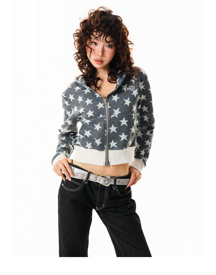 Star Print Cropped Zip-Up Hoodie
