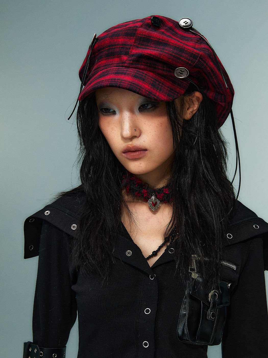 Handcrafted Button Strap Red Plaid Beret Hat