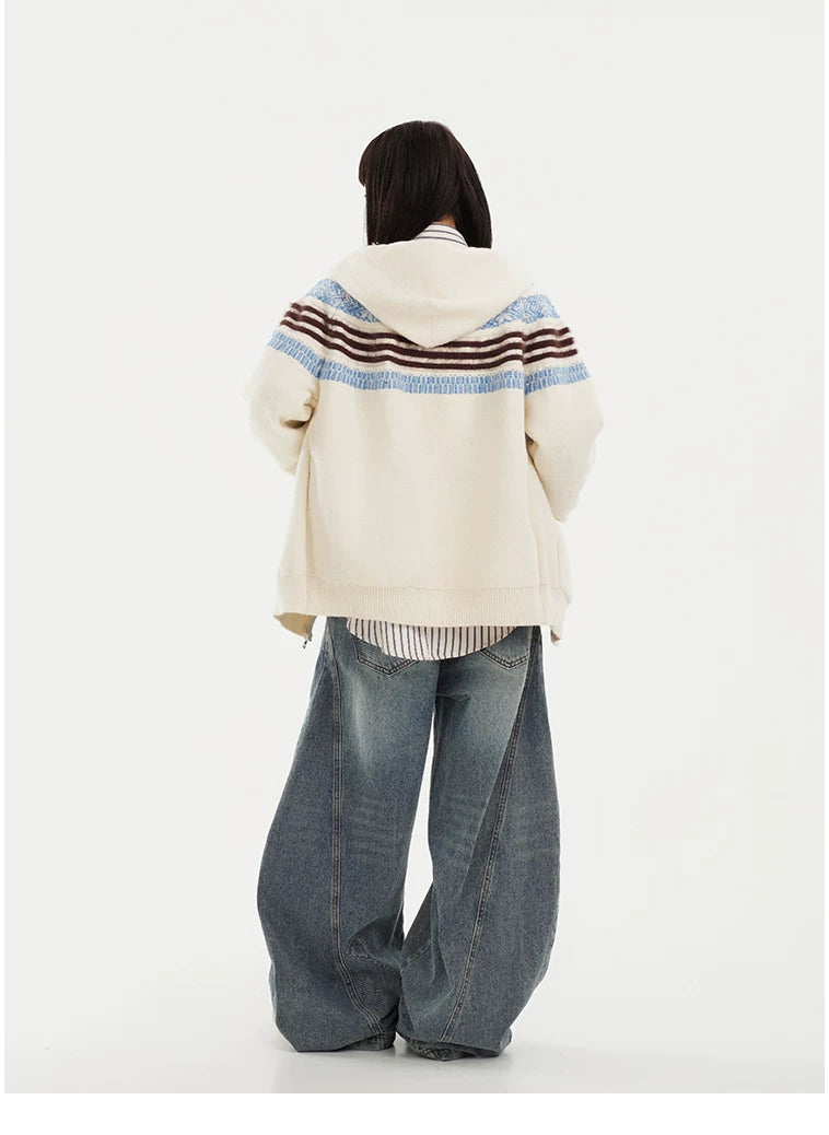Fair Isle Hooded Detachable Fur Collar Knit Cardigan