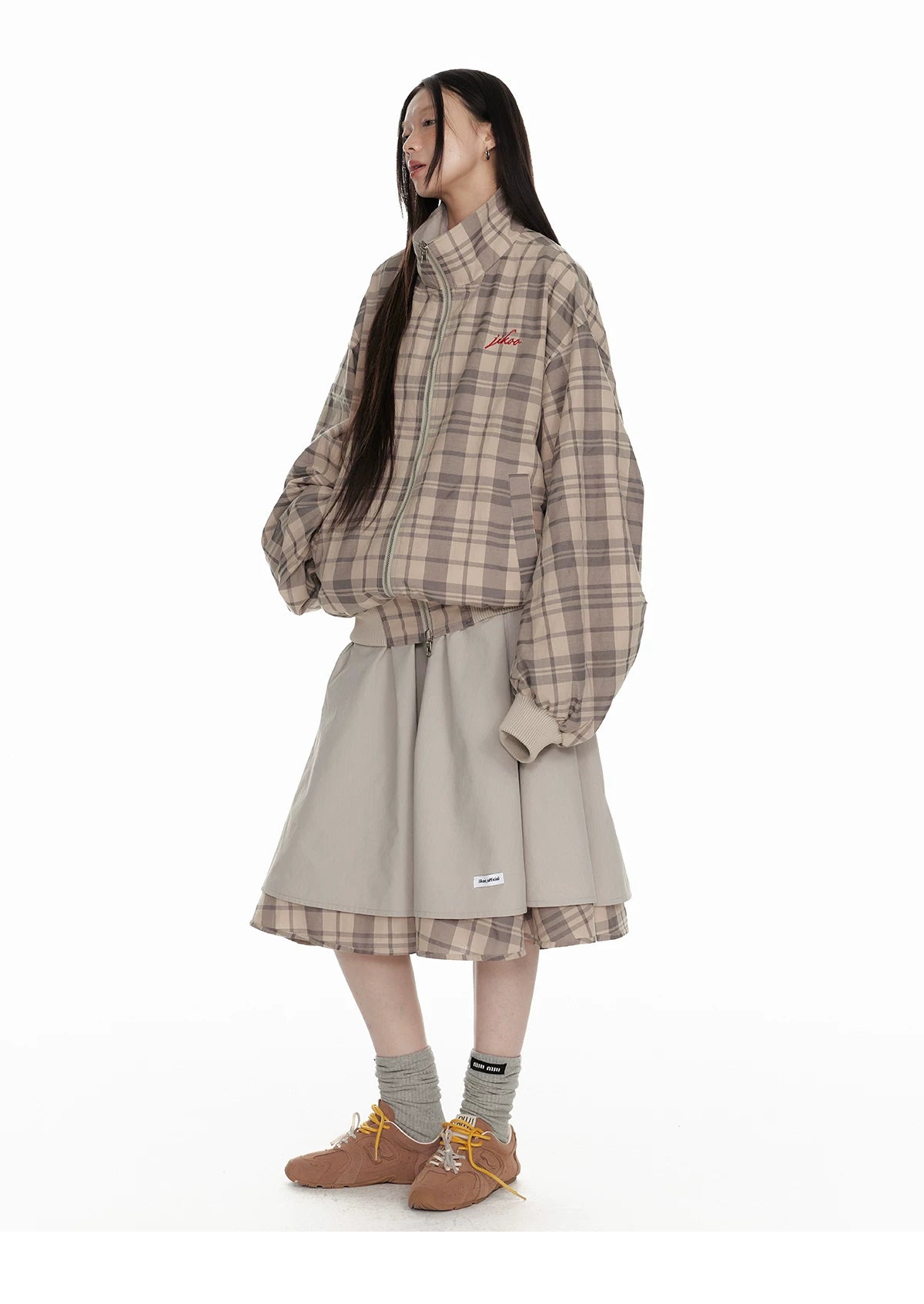 Hollow Star Stand Neck Recersible Jacket & Recersible Plaid Skirt Setup