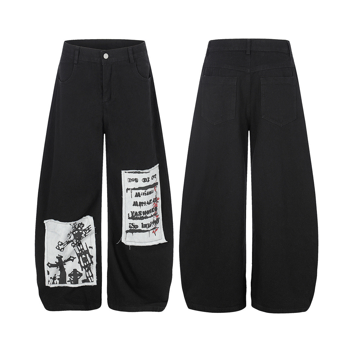 Applique Letter Print Wide Leg Denim Jeans