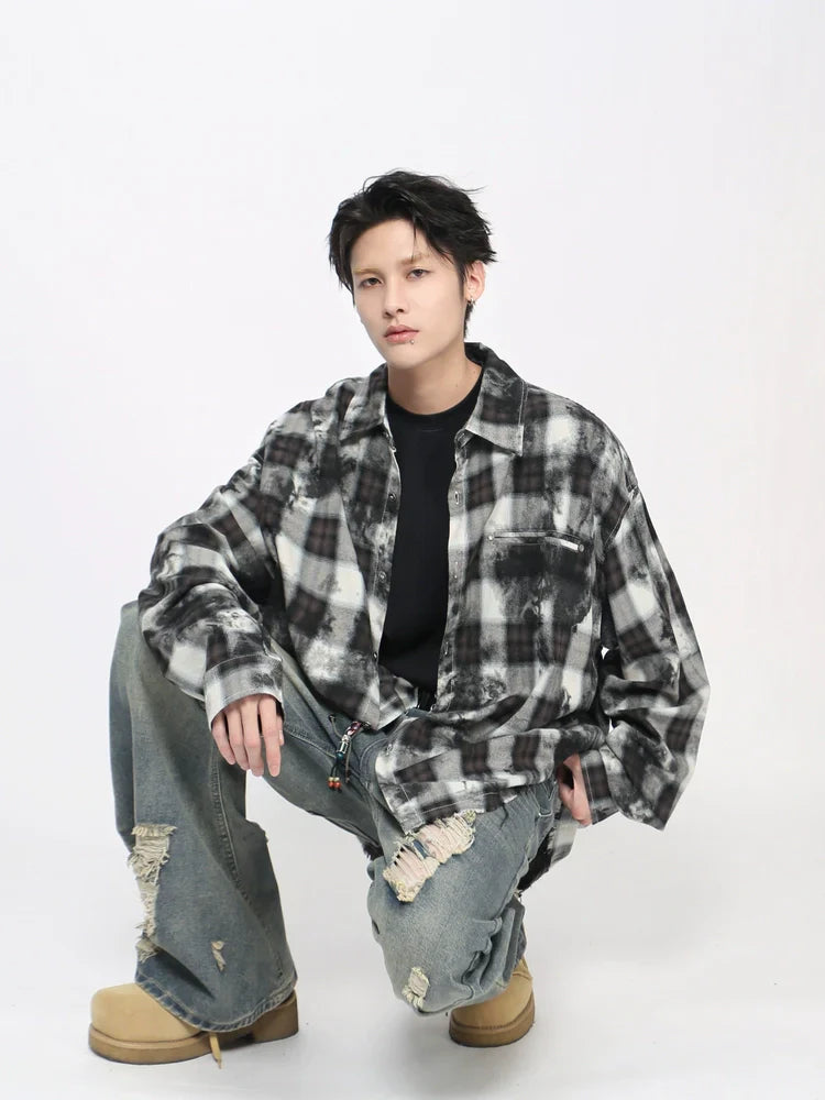 Tie-Dye Plaid Whisker Hem Long Sleeve Shirt