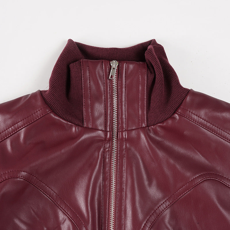 High-Neck Patchwork Leather Jacket