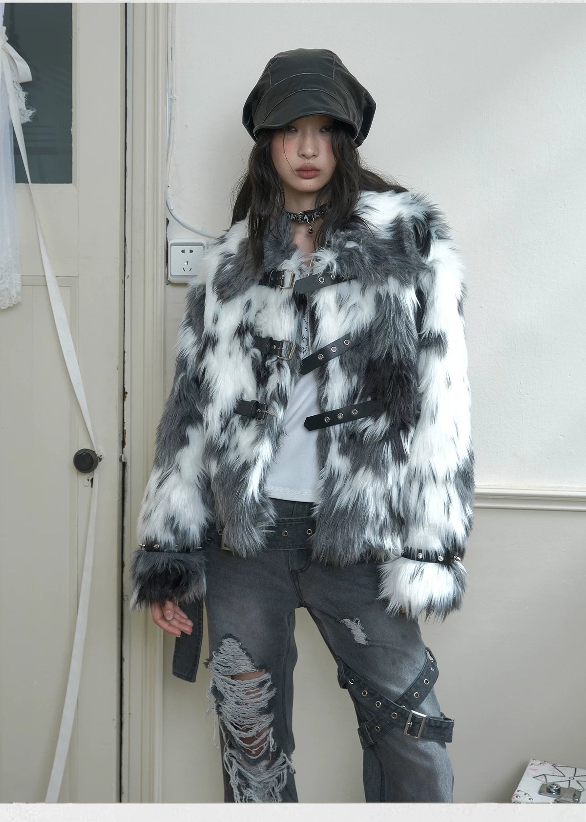 Studded Black And White Fake Fur Short Jacket