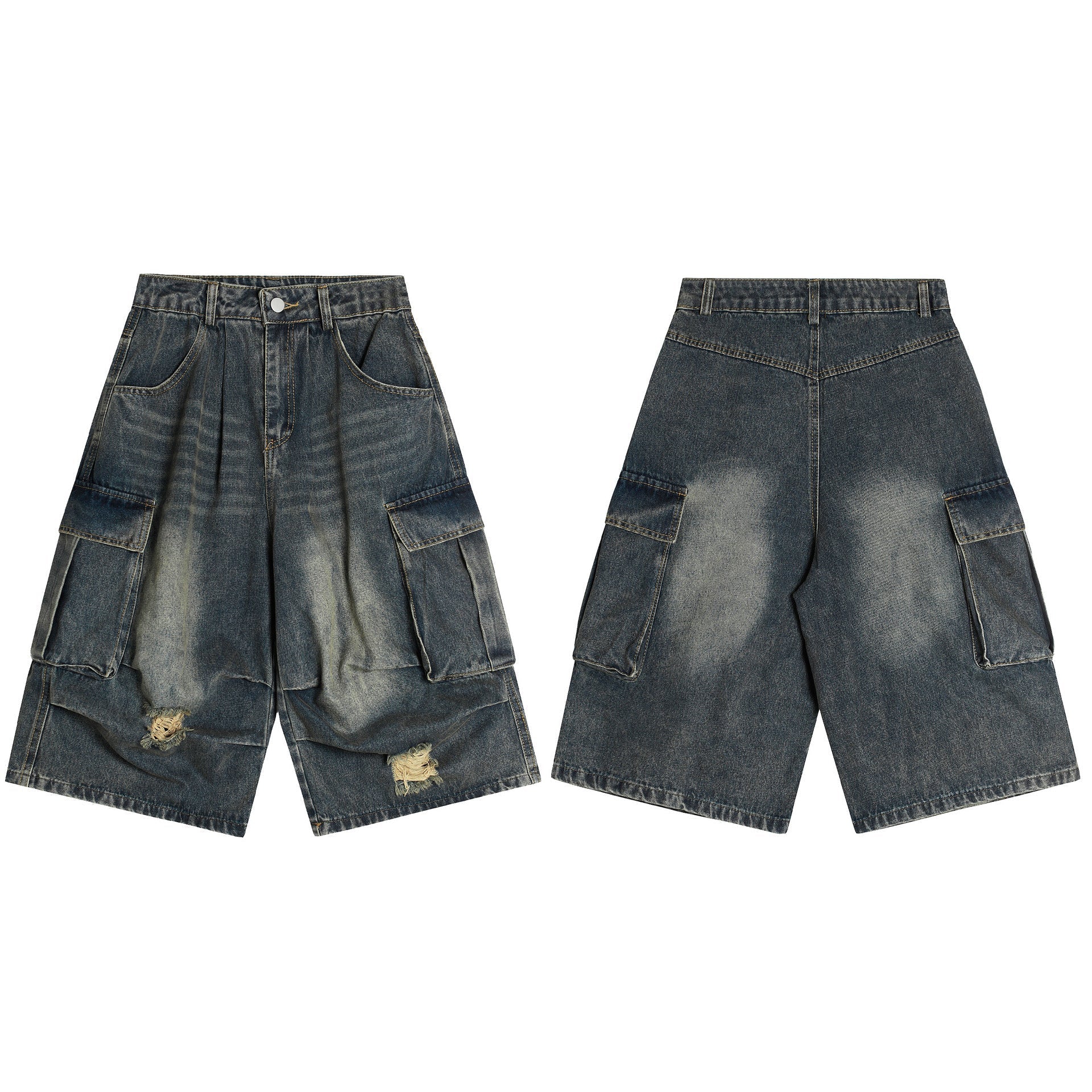 Washed Damage Cargo Pocket Denim Jort