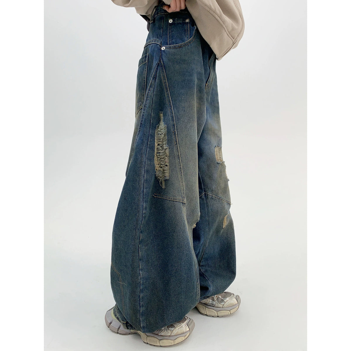 Washed Damaged Wide Leg Denim Jeans