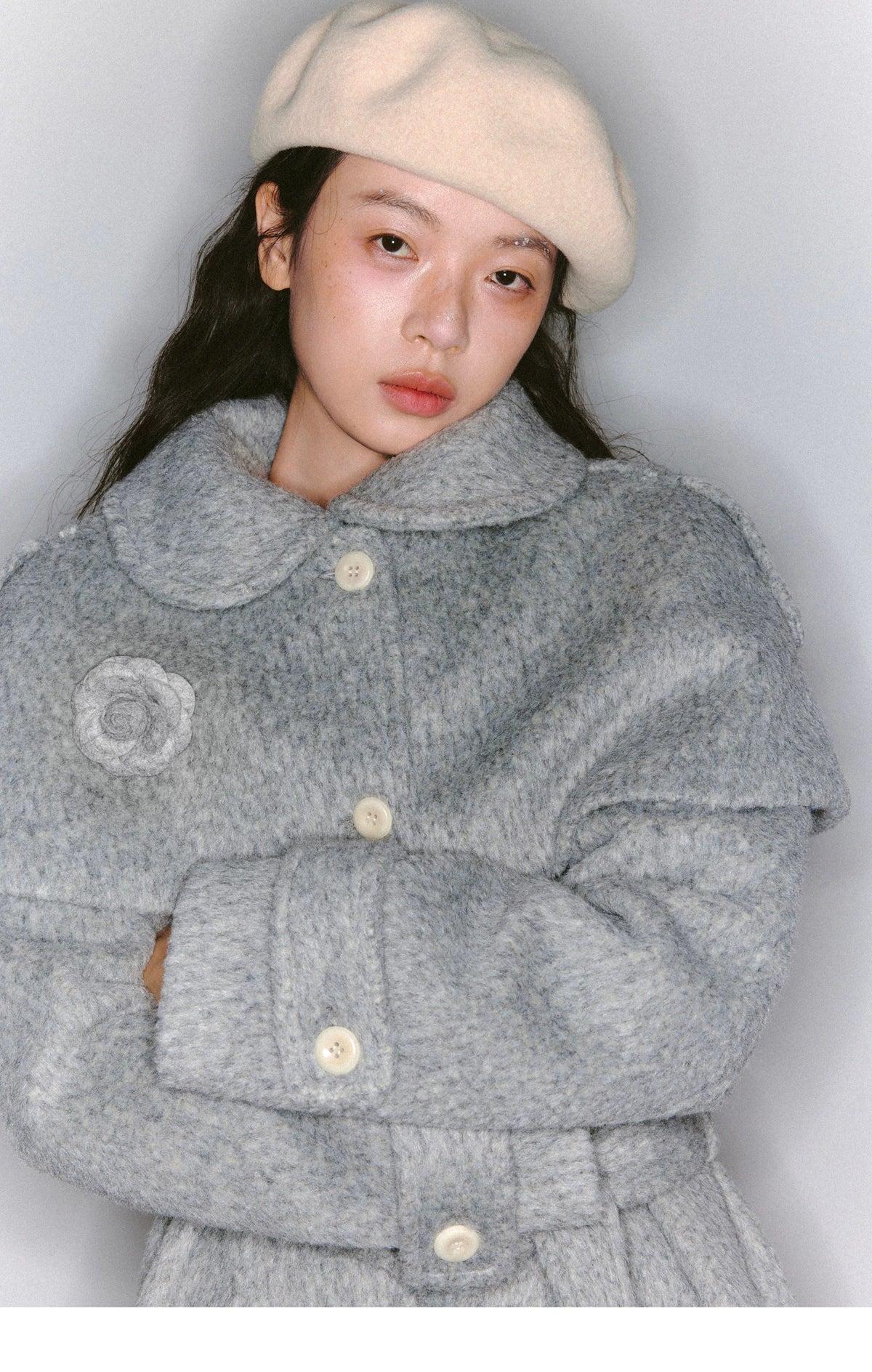 Cape Collar & Flower Detail Belted Coat