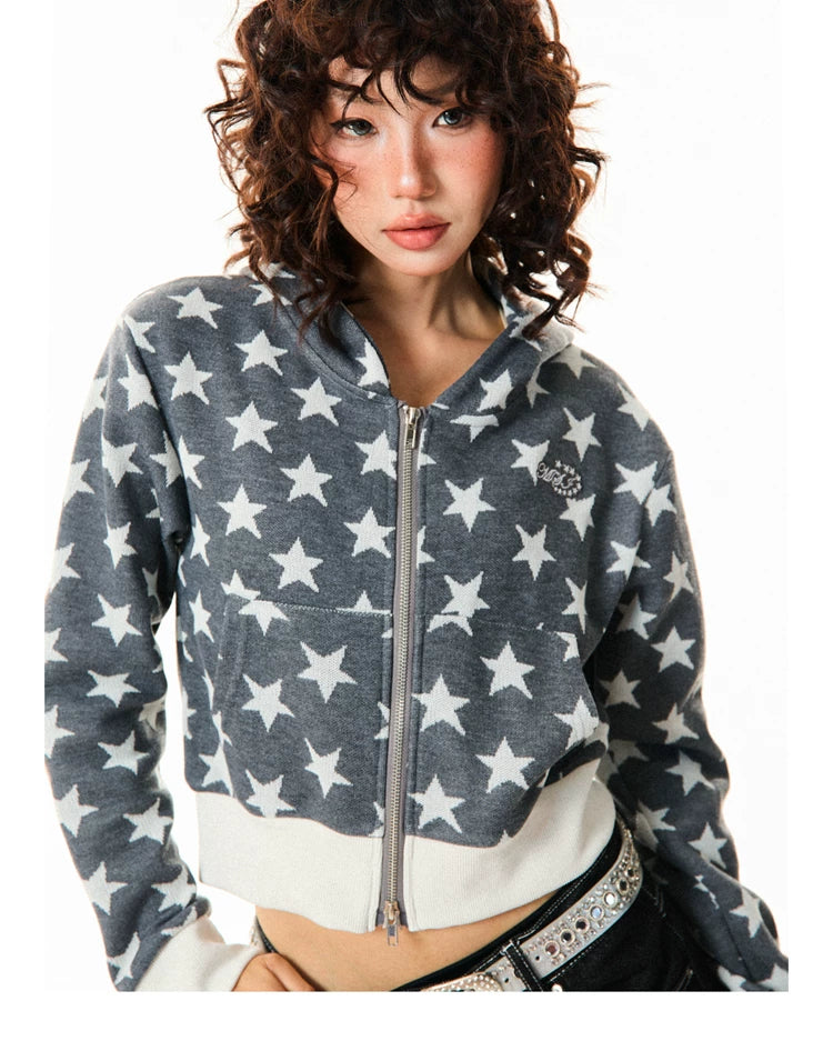 Star Print Cropped Zip-Up Hoodie