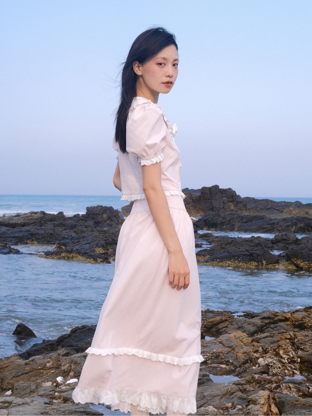 Lace Details Bow Blouse & Lace Trim Skirt Setup