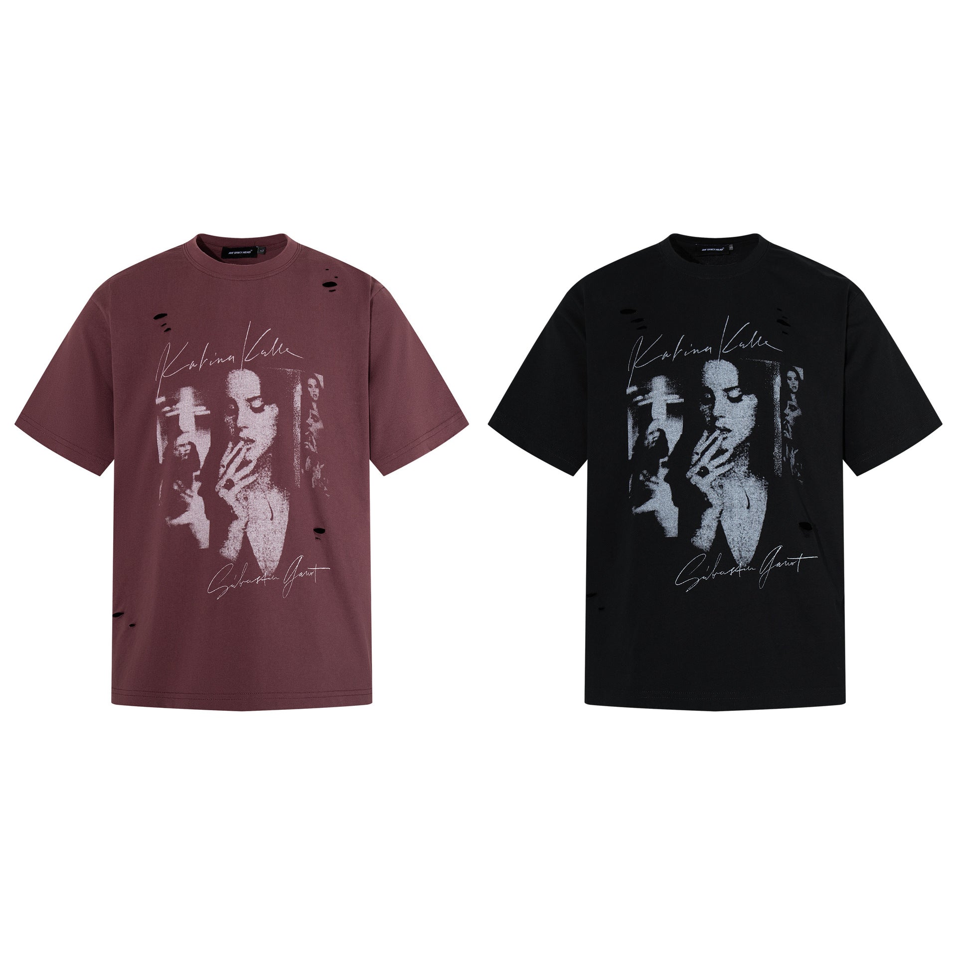 Damage Portrait Print Short Sleeve T-Shirt