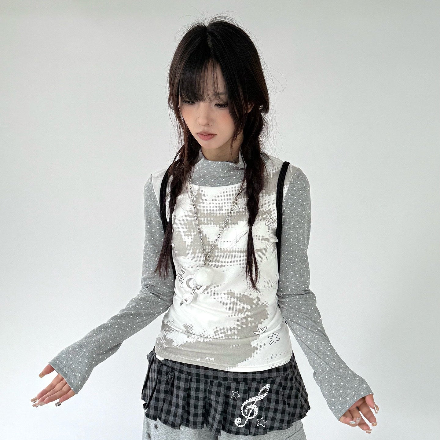 Polka Dot Print High-Neck Long Sleeve T-Shirt