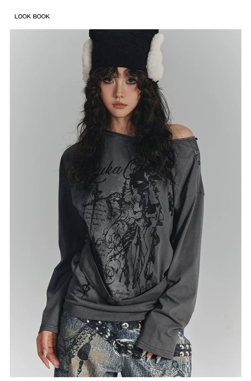 Slanted Shoulder Long Sleeve T-Shirt & Belt