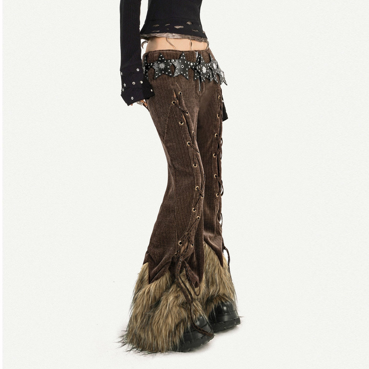 Corduroy Patchwork Fake Fur Lace-Up Slimming Pants