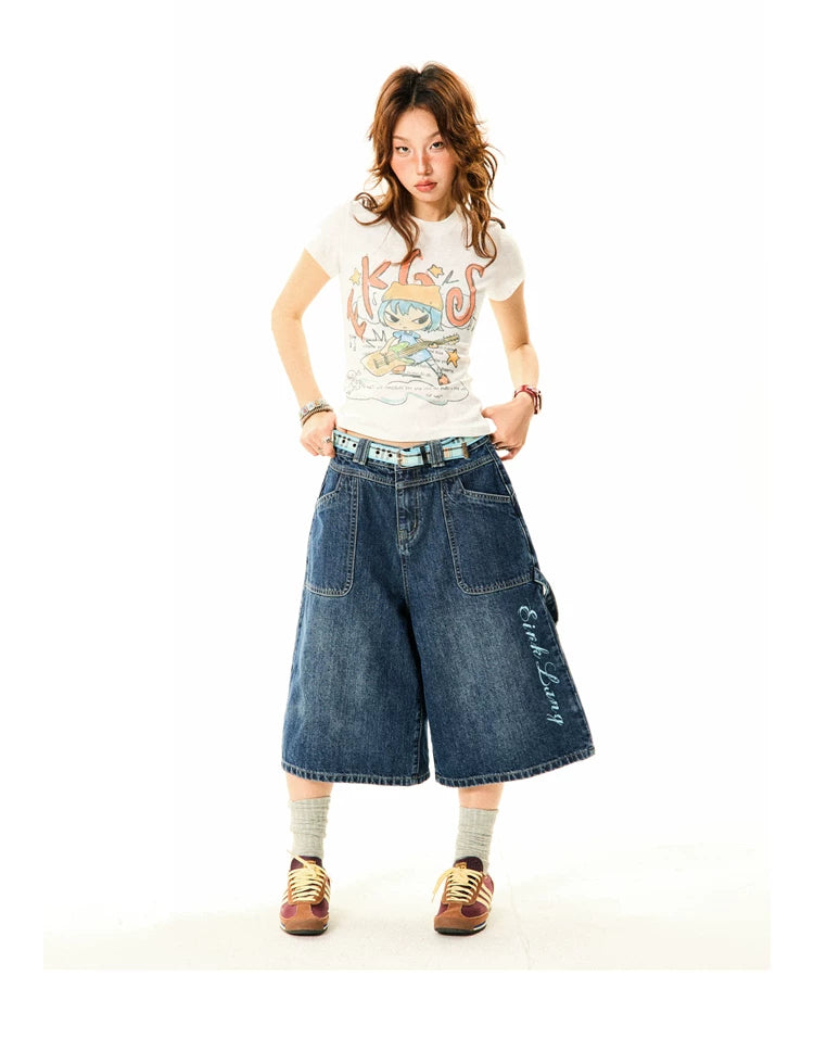 Wide-Leg Denim Shorts