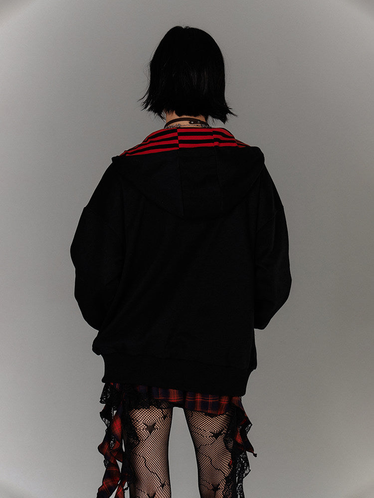 Fake Layered Zipper Stripe Oversize Pullover Hoodie