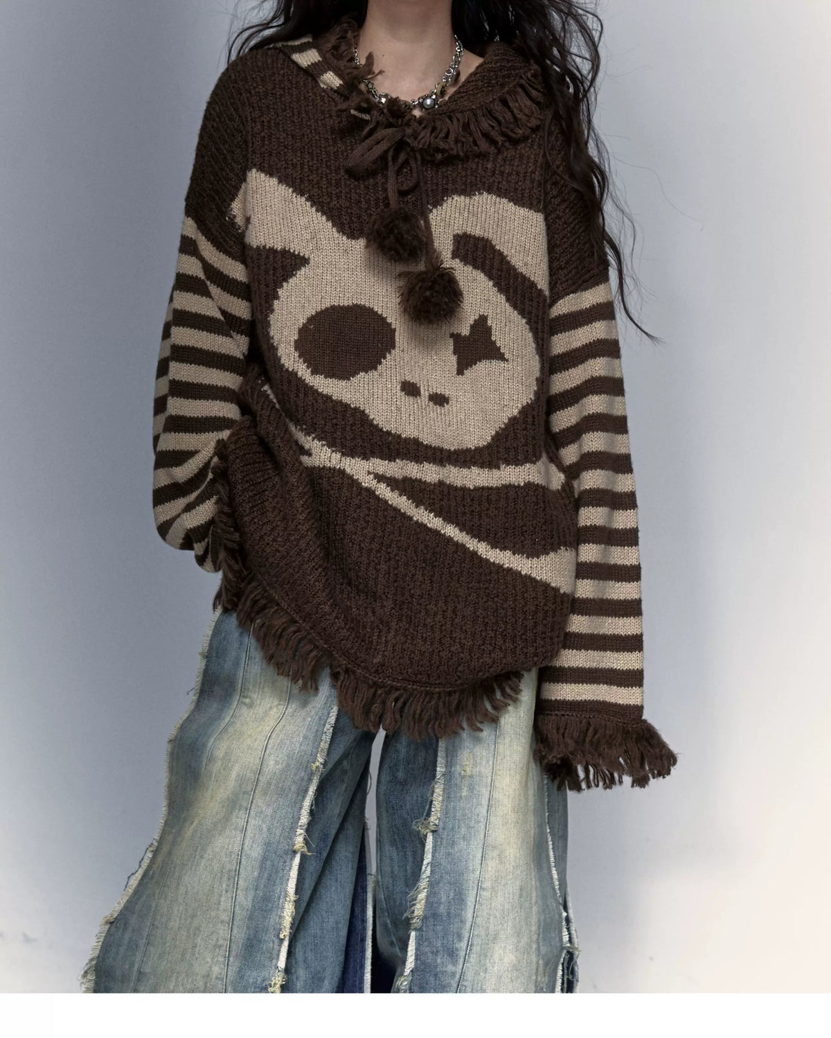 Skull Print Stripe Oversize Knit Hoodie