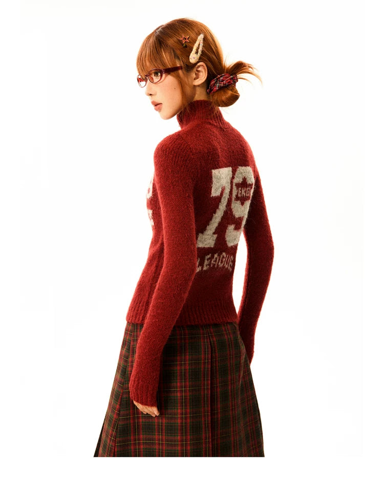 Number Patch Knit Zipper Stand Neck Cardigan