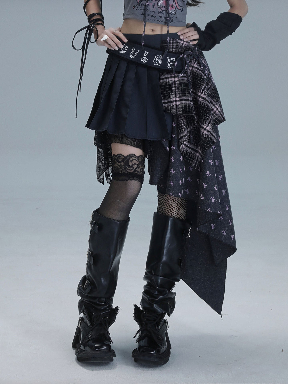 Plaid Patchwork Asymmetric Embroidery Skirt