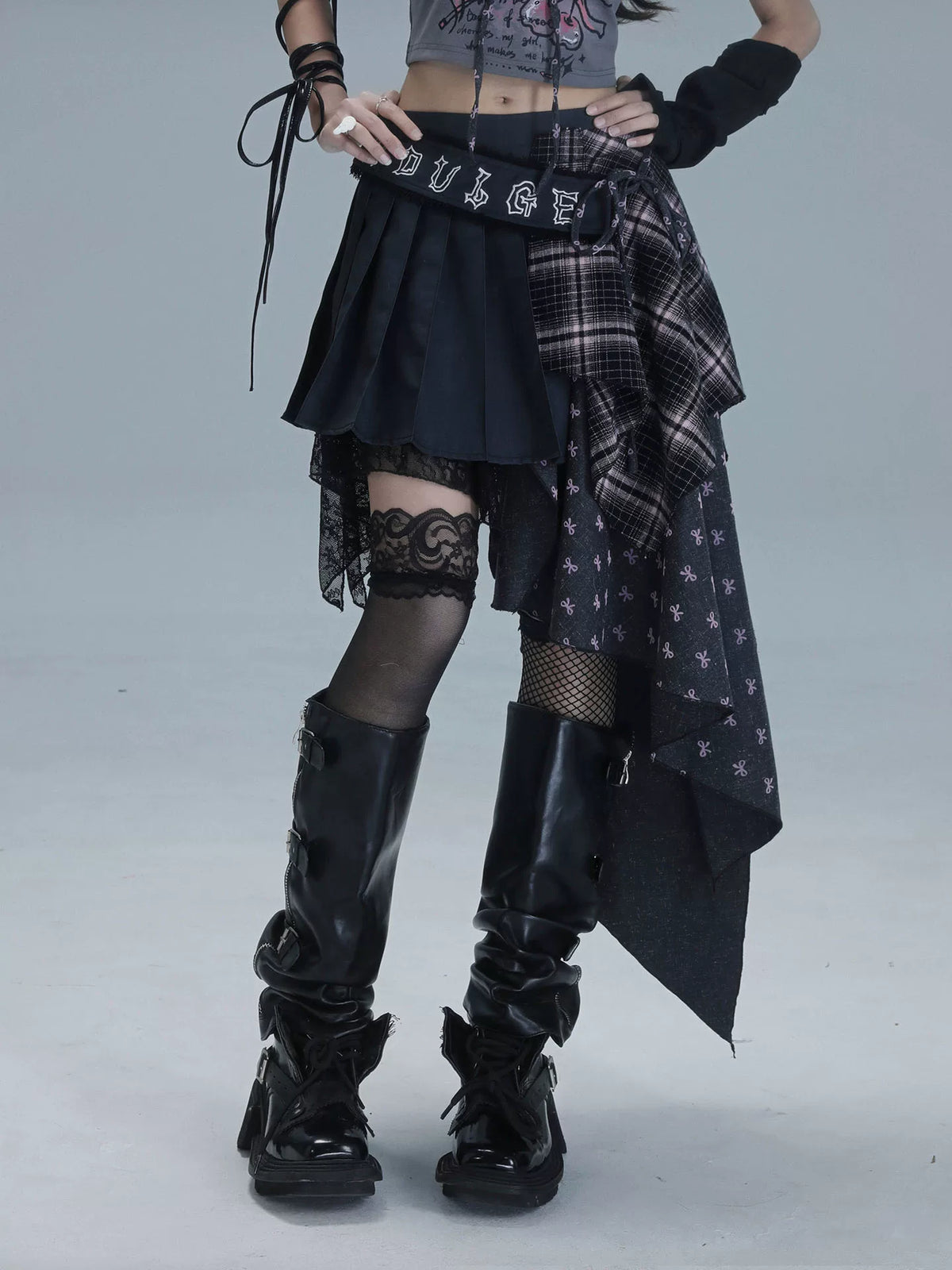Plaid Patchwork Asymmetric Embroidery Skirt