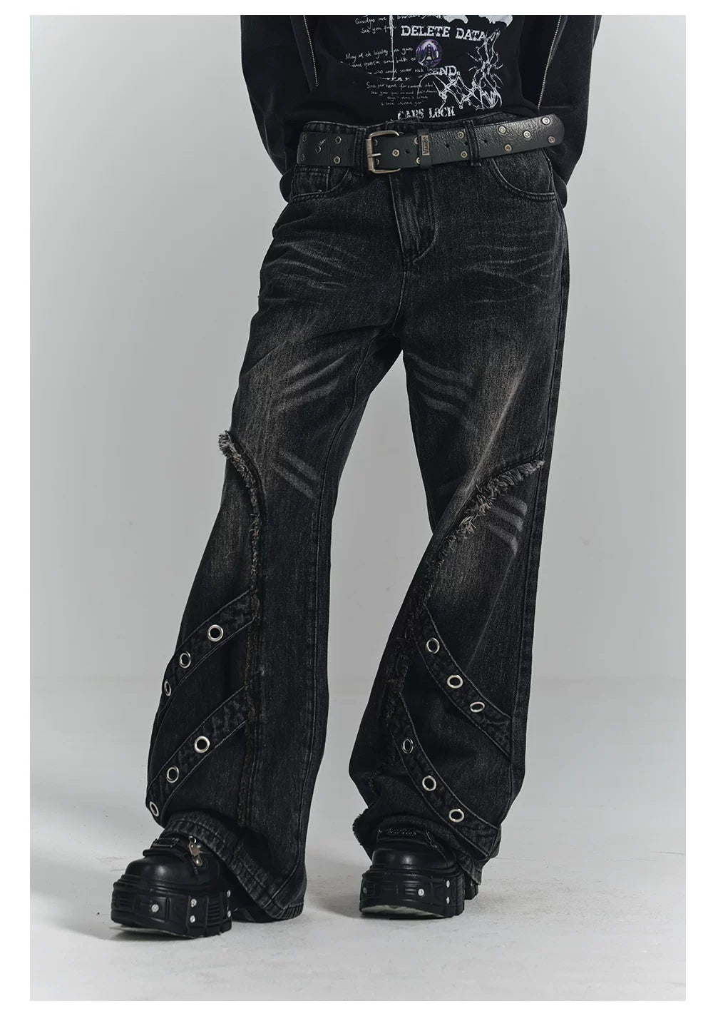 Washed Frayed Wide-Leg Straight Denim Jeans