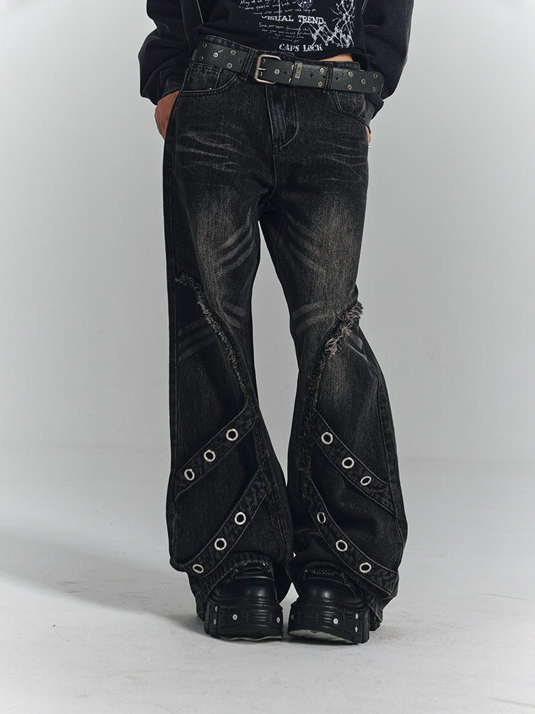 Washed Frayed Wide-Leg Straight Denim Jeans