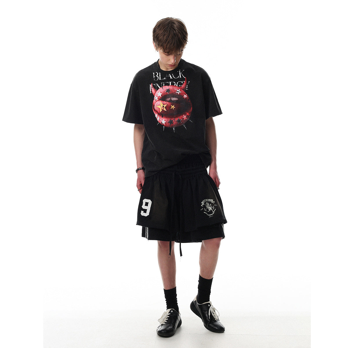 Graphic Print Washed Damage Cotton Short Sleeve T-Shirt