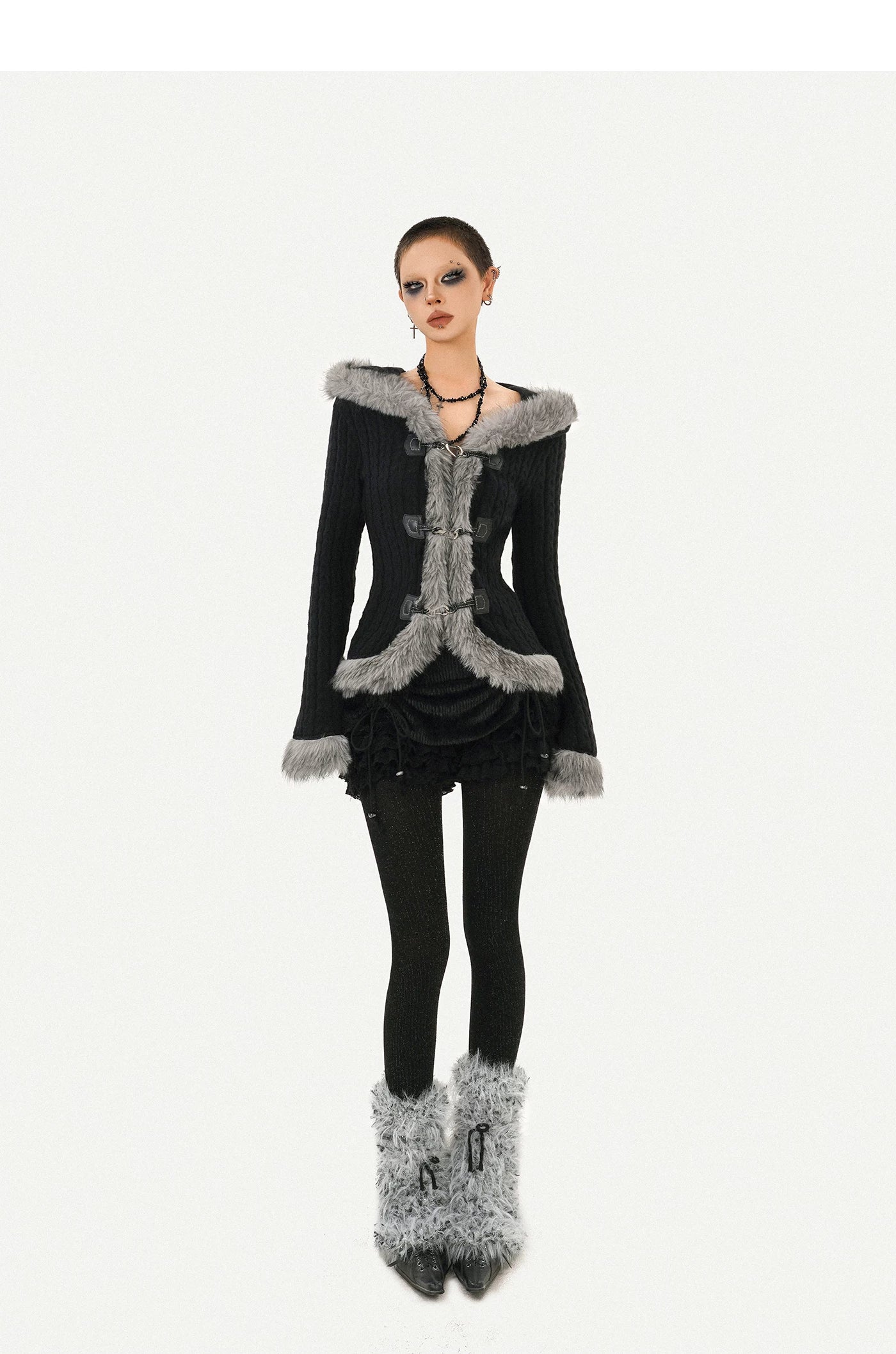 Hooded Fur Collar Fitted Knit Cardigan