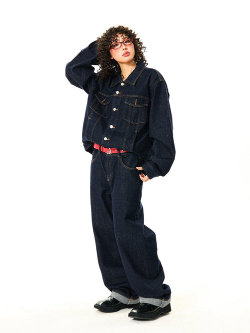 Button Oversize Denim Jacket & Wide Leg Denim Jeans Setup - Navy / M / jacket