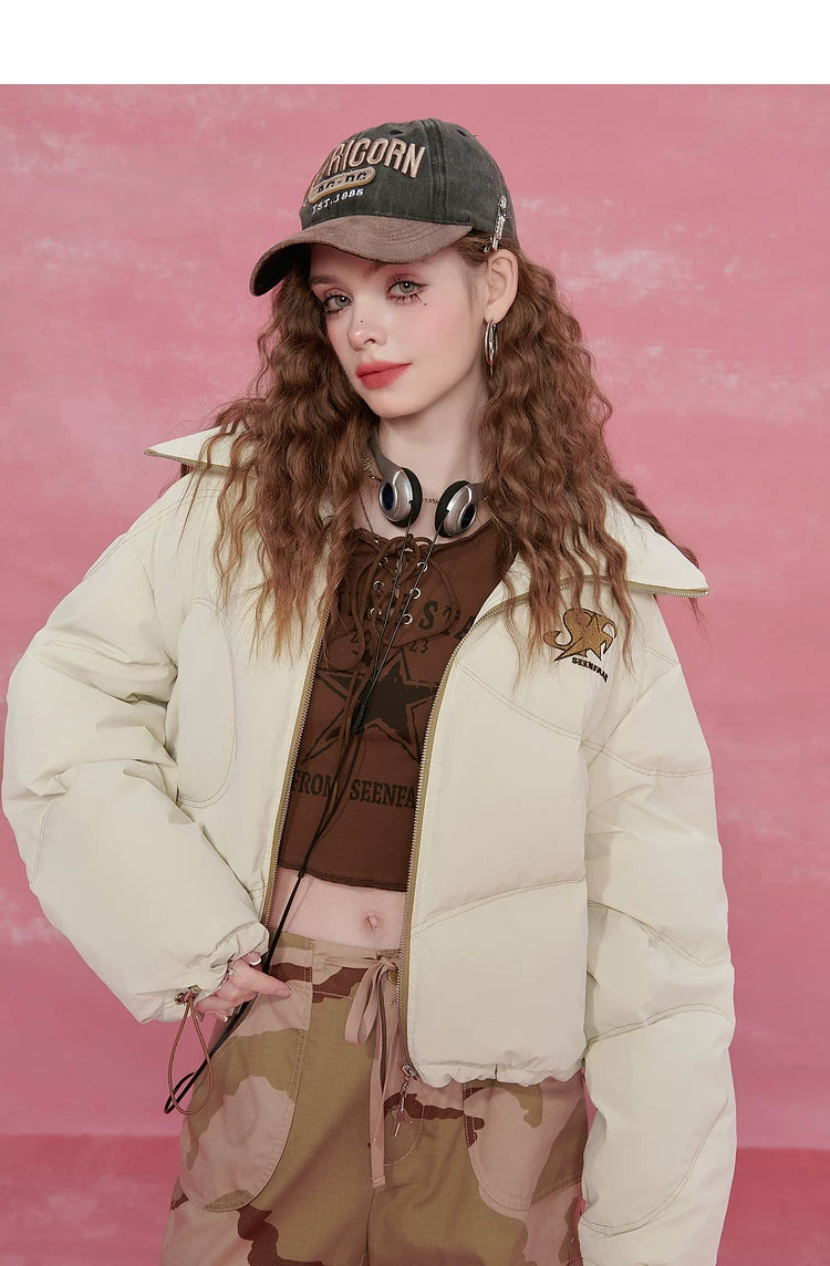 Letter Print High-Neck Short White Duck Down Jacket
