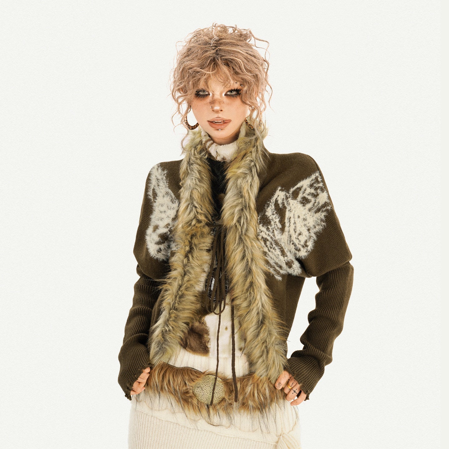 Original Design Batwing Sleeve Fake Fur Collar Knit Cardigan