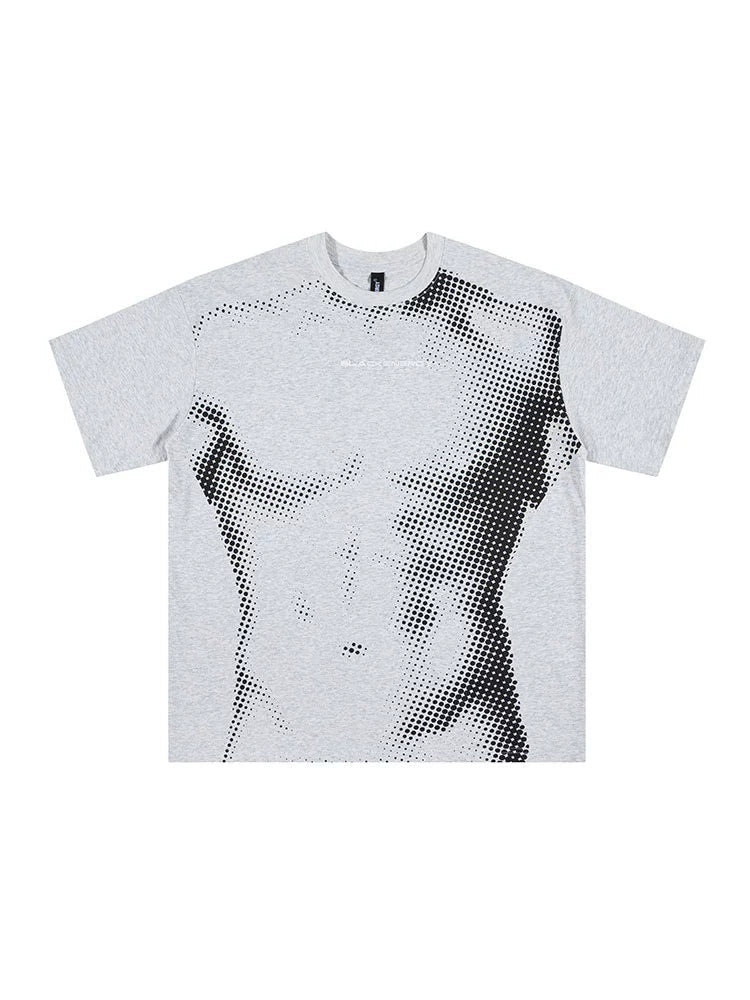 Gray t-shirt with black abstract design on a white background, featuring the brand 'KKYESIOU'.
