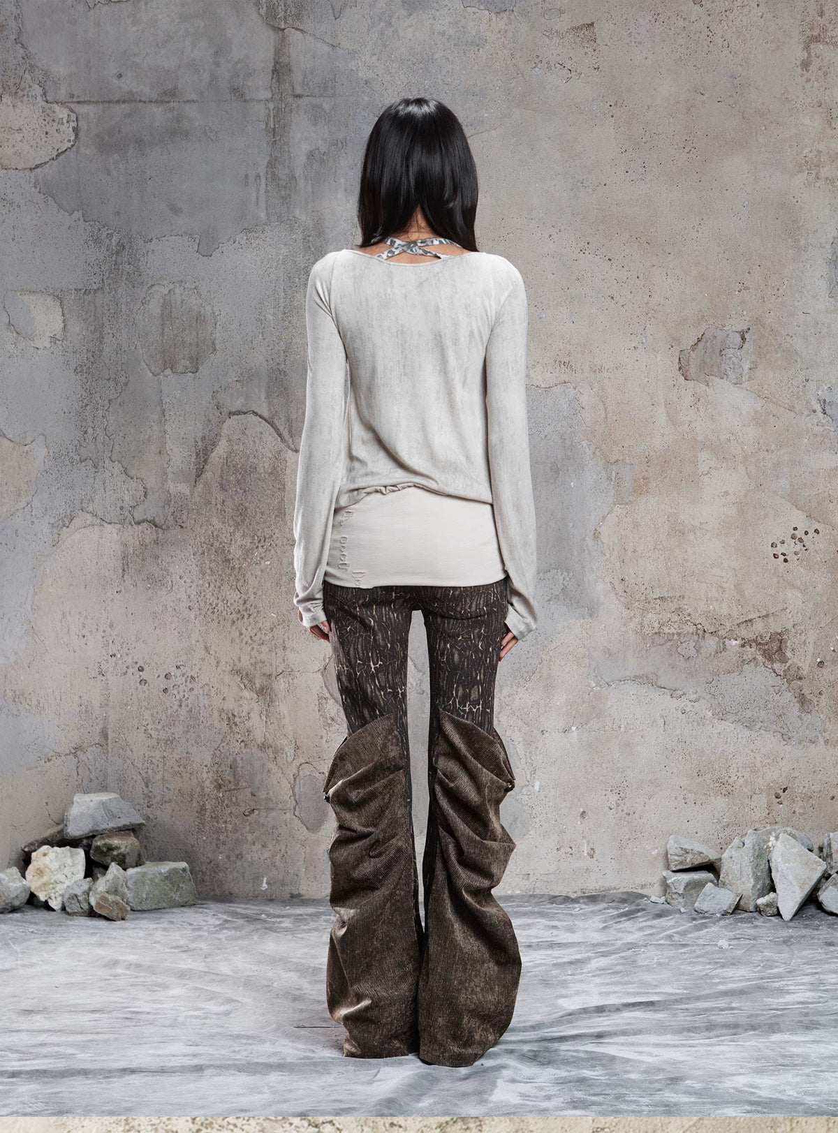 Fake Two-Piece Draped Pleated Mid- Length Slimming Long Sleeve T-Shirts