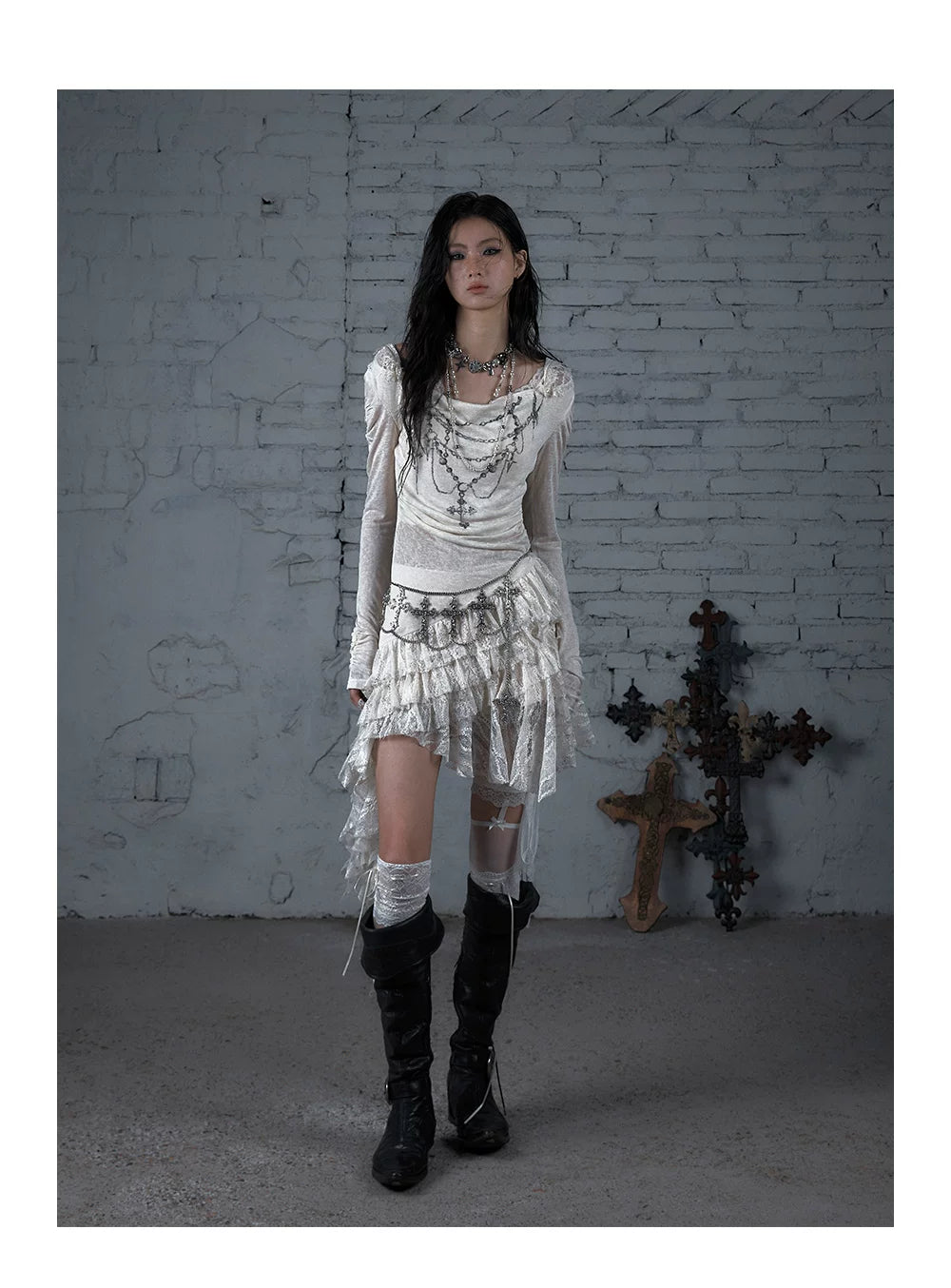 Lace Hooded Asymmetric Ruffle Dress