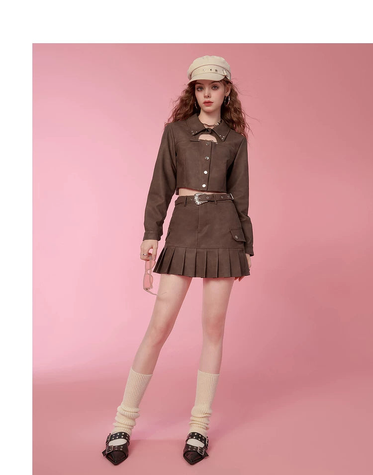 PU Leather Short Jacket & Short Pleats Skirt Setup