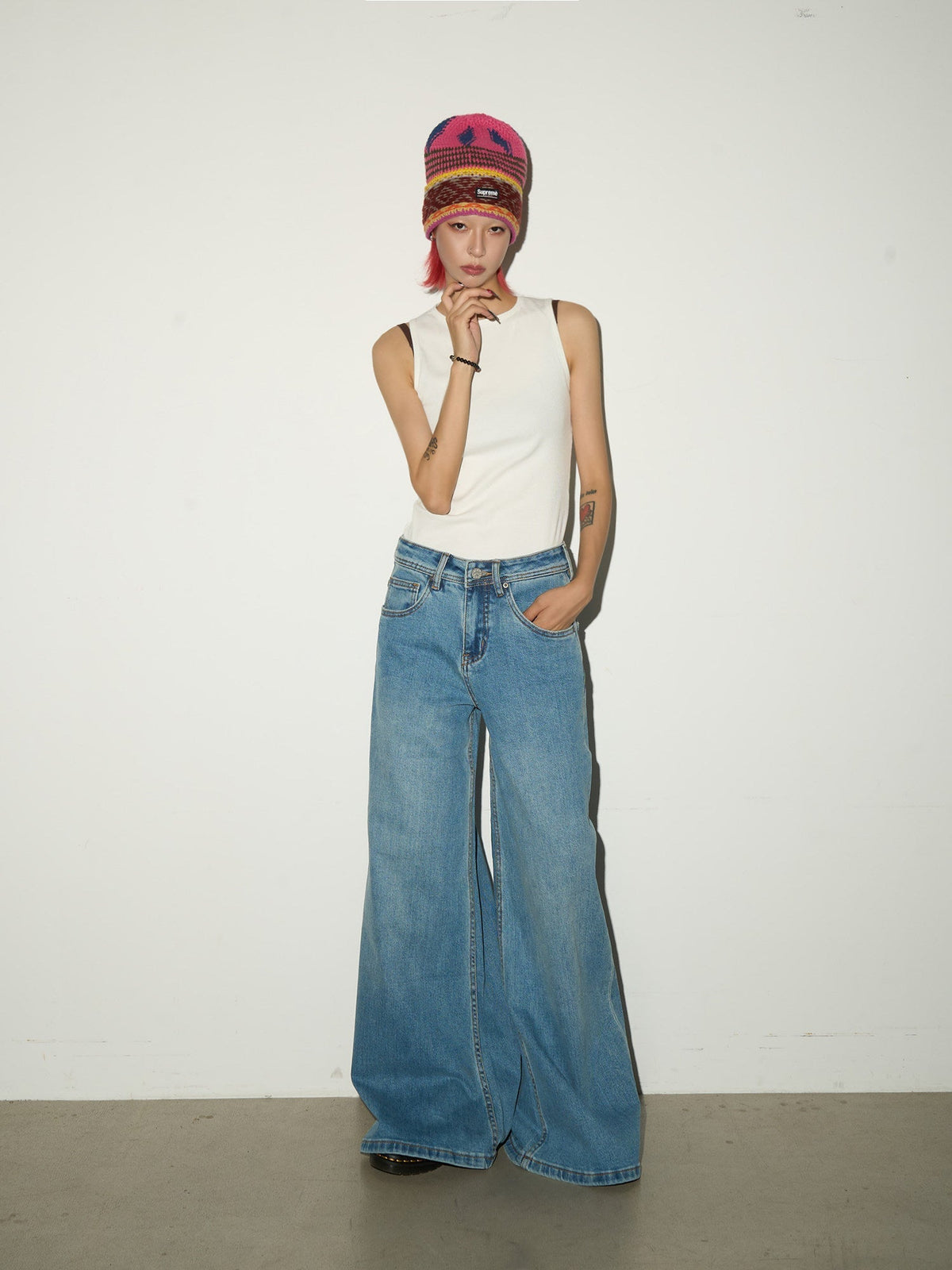 Faded Wash Wide Leg Denim Jeans