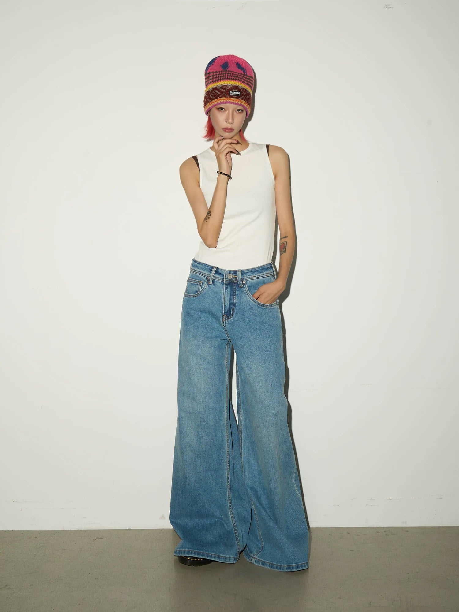 Faded Wash Wide Leg Denim Jeans
