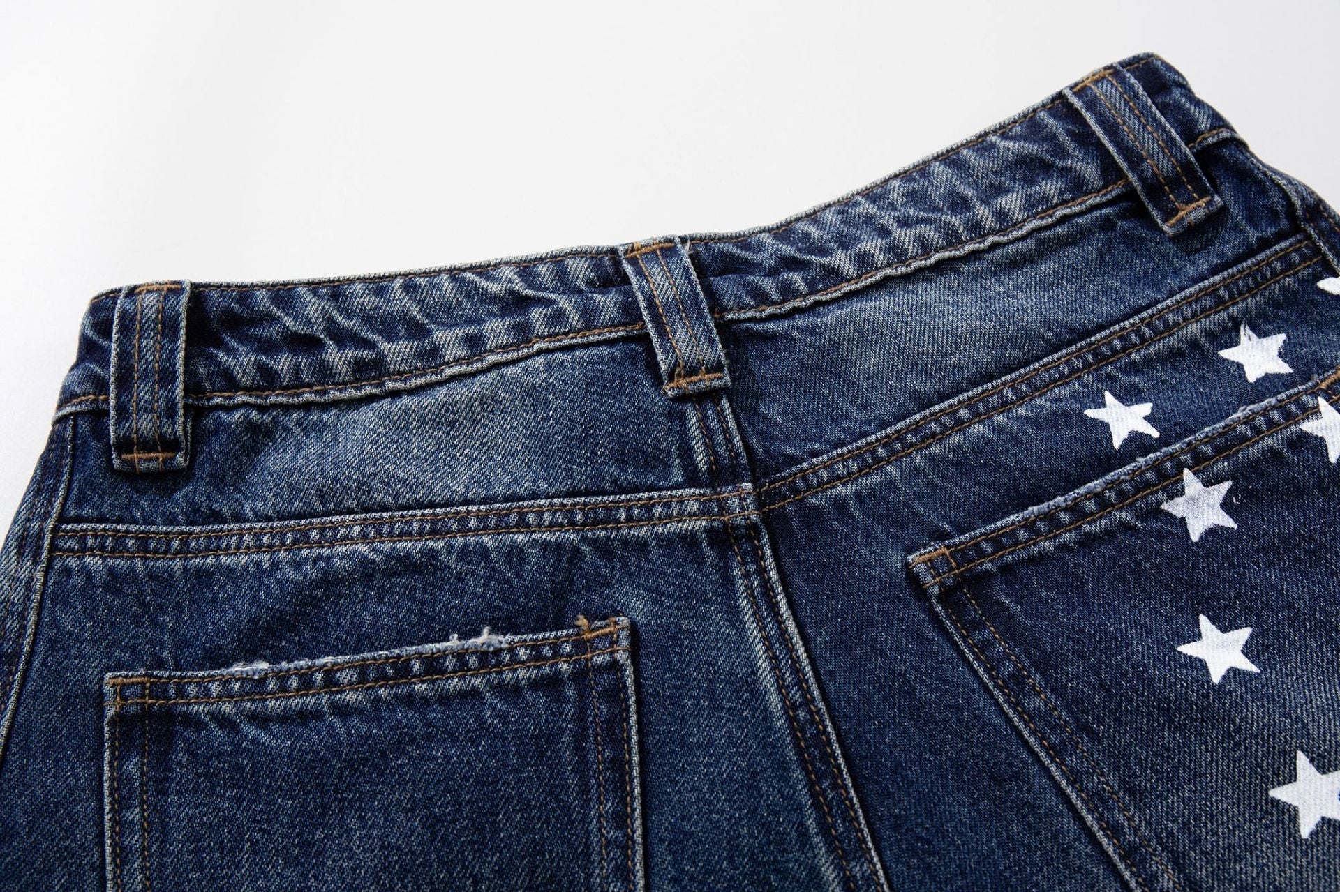 Star Print Curved Wide Leg Denim Jeans