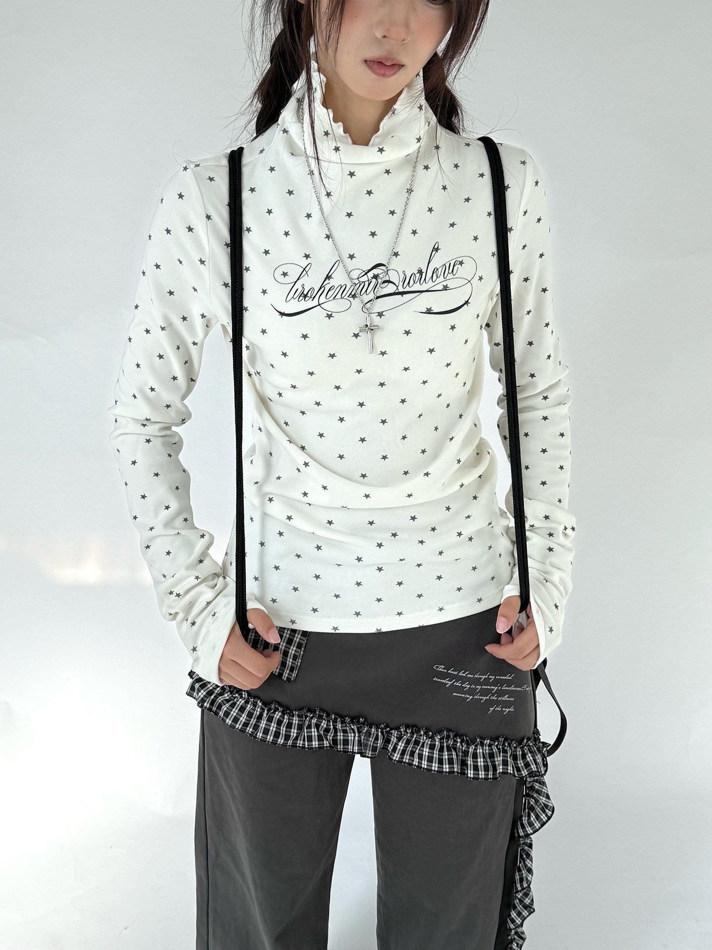 Polka Dot Print High-Neck Long Sleeve T-Shirt