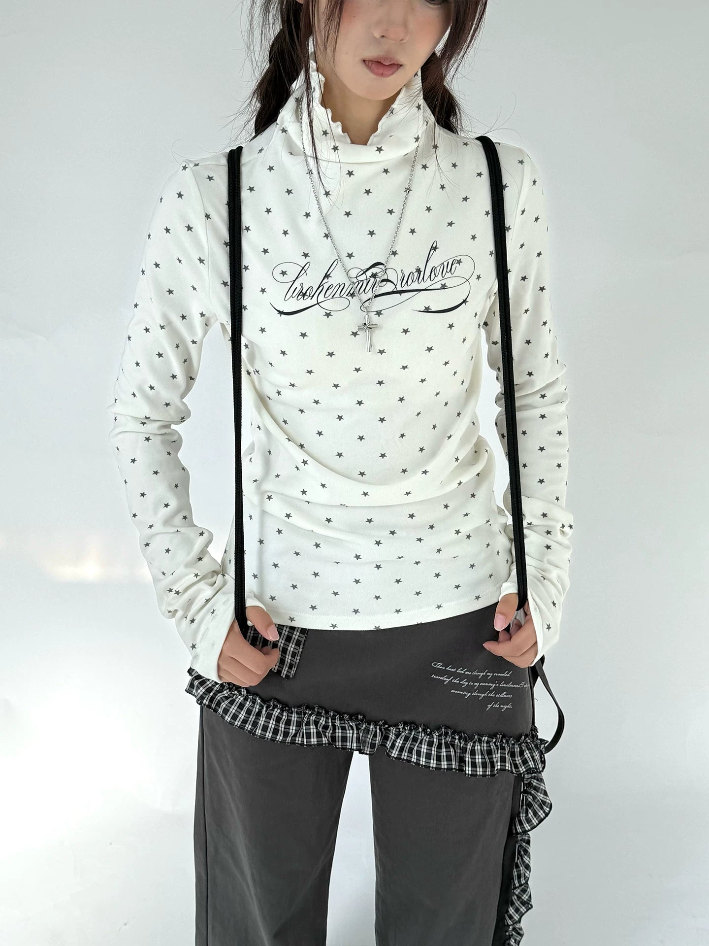 Polka Dot Print High-Neck Long Sleeve T-Shirt