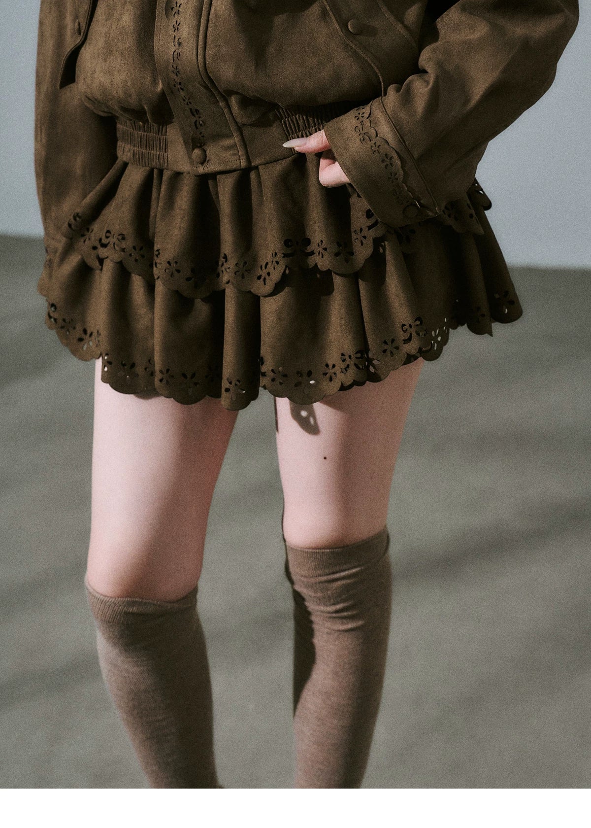 Suede Zipper Jacket & Scalloped Skirt Setup